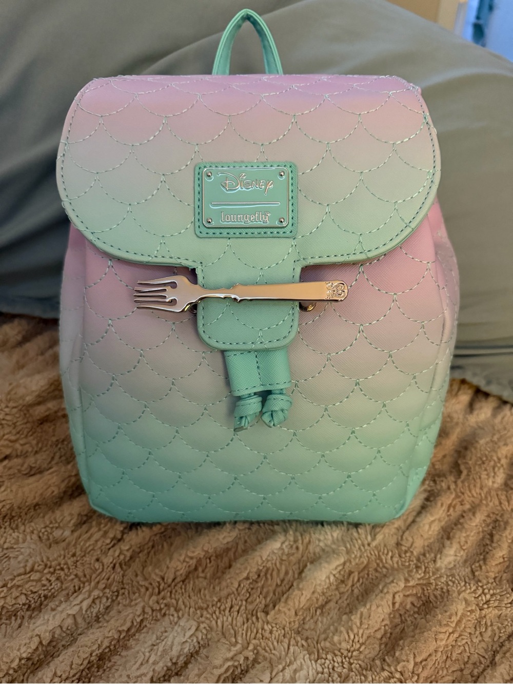 Loungefly Ariel Mint-to-Pink Ombre Quilted Mini Backpack with Fork Accent